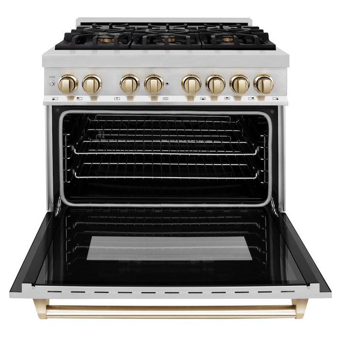 ZLINE Autograph Edition 36 in. Kitchen Package with Stainless Steel Dual Fuel Range, Range Hood and Dishwasher with Polished Gold Accents (3AKP-RARHDWM36-G)