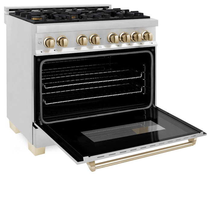 ZLINE Autograph Edition 36 in. Kitchen Package with Stainless Steel Dual Fuel Range and Range Hood with Polished Gold Accents (2AKP-RARH36-G)