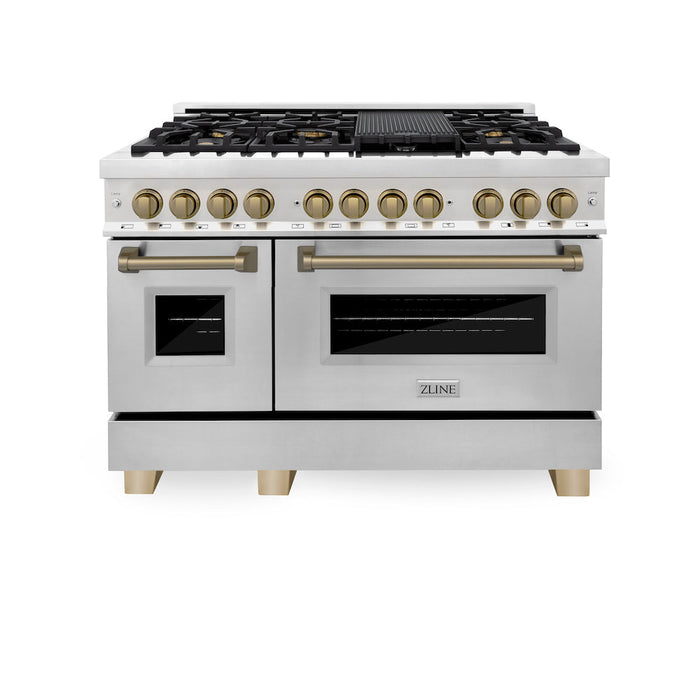 ZLINE Autograph Edition 48 in. 6.0 cu. ft. Dual Fuel Range with Gas Stove and Electric Oven in Stainless Steel with Champagne Bronze Accents (RAZ-48-CB)