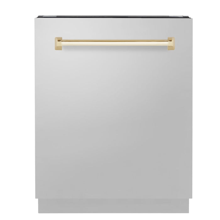 ZLINE Autograph Edition 24 in. Tallac Series 3rd Rack Top Control Built-In Tall Tub Dishwasher in Stainless Steel with Polished Gold Handle, 51dBa (DWVZ-304-24-G)