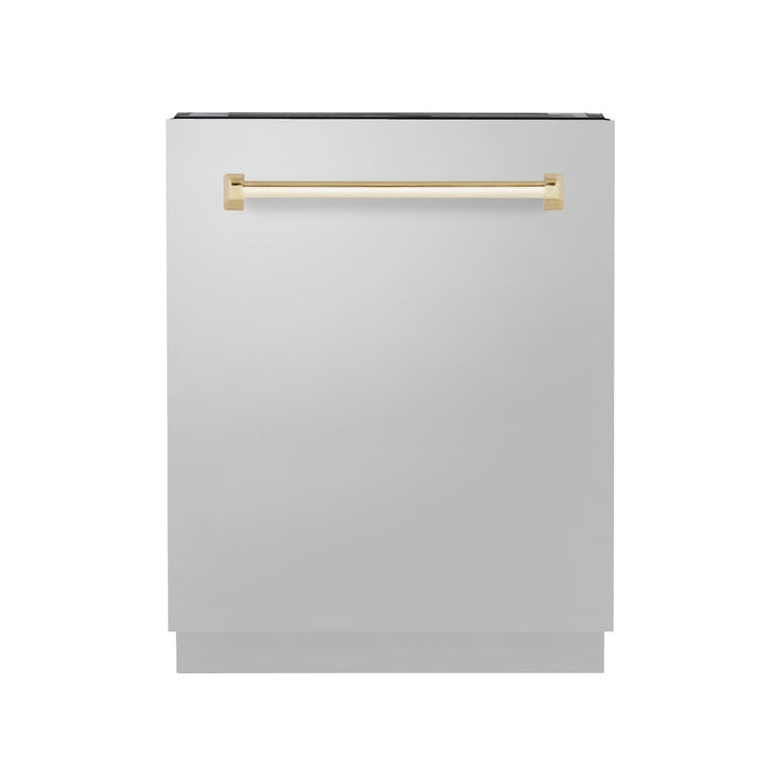 ZLINE Autograph Edition 24 in. Tallac Series 3rd Rack Top Control Built-In Tall Tub Dishwasher in Stainless Steel with Polished Gold Handle, 51dBa (DWVZ-304-24-G)