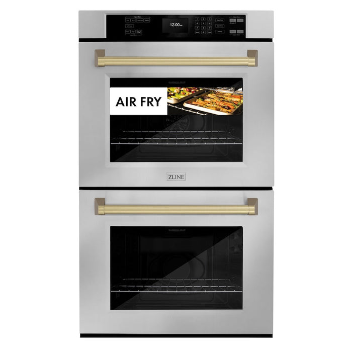 ZLINE Autograph Edition 30 in. Professional True Convection Double Wall Oven with Air Fry and Self Clean in Stainless Steel with Champagne Bronze Handles (WADZ-30-CB)