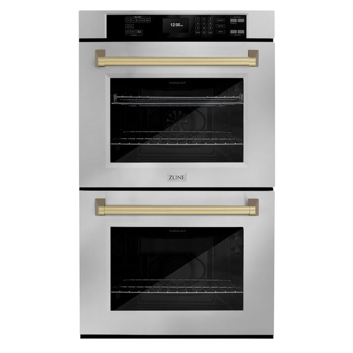 ZLINE Autograph Edition 30 in. Professional True Convection Double Wall Oven with Air Fry and Self Clean in Stainless Steel with Champagne Bronze Handles (WADZ-30-CB)