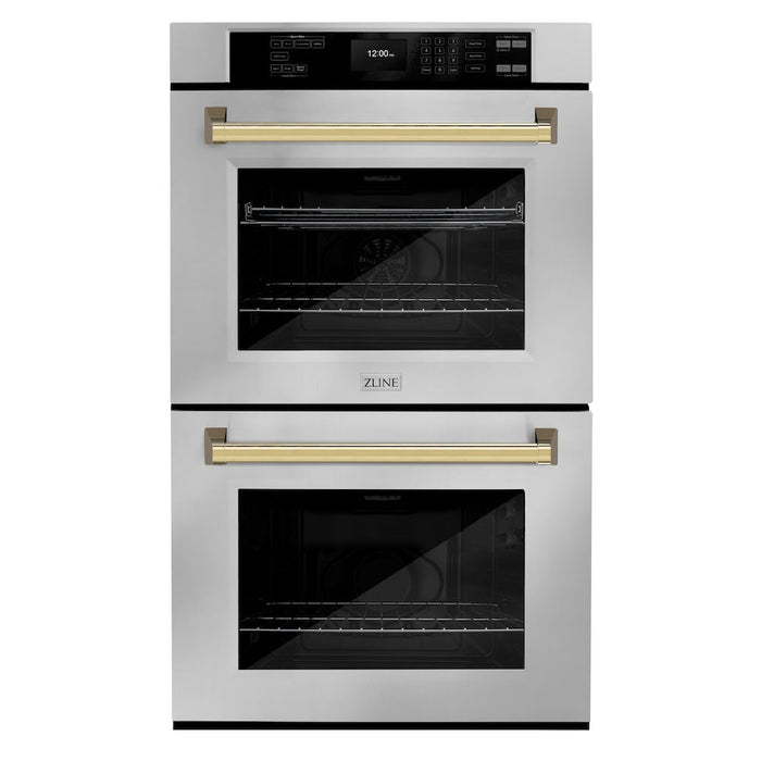 ZLINE Autograph Edition 30 in. Professional True Convection Double Wall Oven with Air Fry and Self Clean in Stainless Steel with Polished Gold Handles (WADZ-30-G)