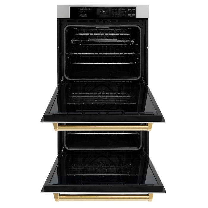 ZLINE Autograph Edition 30 in. Professional True Convection Double Wall Oven with Air Fry and Self Clean in Stainless Steel with Polished Gold Handles (WADZ-30-G)