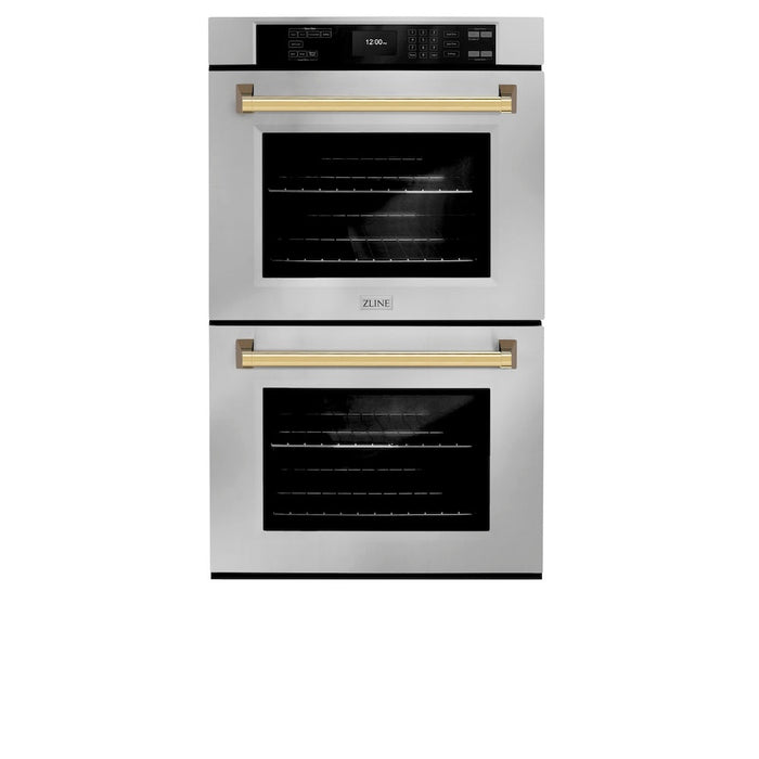 ZLINE Autograph Edition 30 in. Professional True Convection Double Wall Oven with Air Fry and Self Clean in Stainless Steel with Polished Gold Handles (WADZ-30-G)