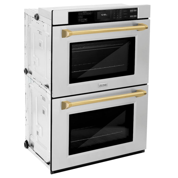 ZLINE Autograph Edition 30 in. Professional True Convection Double Wall Oven with Air Fry and Self Clean in Stainless Steel with Polished Gold Handles (WADZ-30-G)