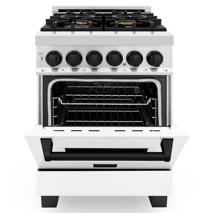 ZLINE Autograph Edition 24 in. 2.8 cu. ft. Dual Fuel Range with Gas Stove and Electric Oven in Stainless Steel with White Matte Door and Matte Black Accents (RAZ-WM-24-MB)