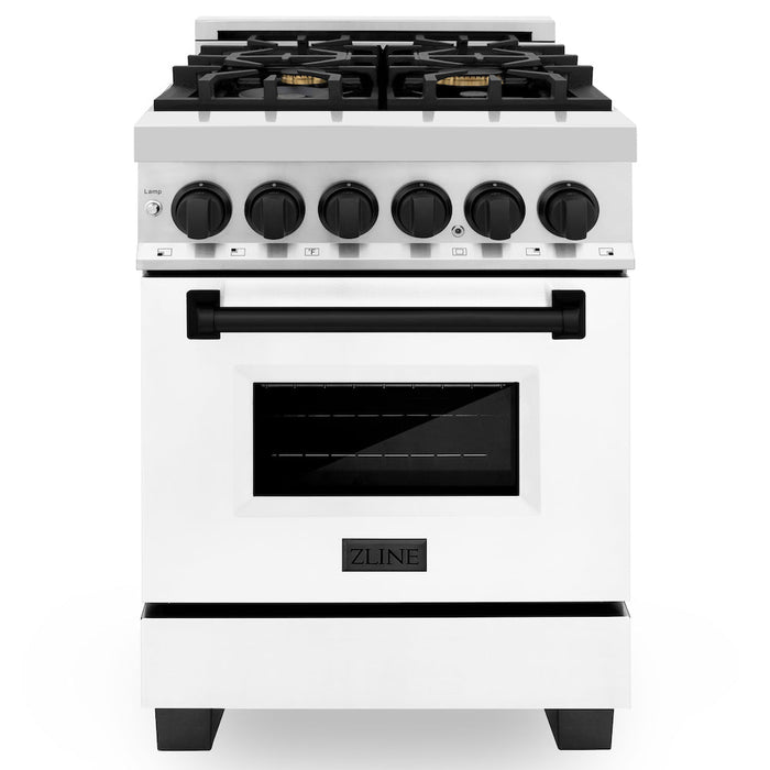 ZLINE Autograph Edition 24 in. 2.8 cu. ft. Dual Fuel Range with Gas Stove and Electric Oven in Stainless Steel with White Matte Door and Matte Black Accents (RAZ-WM-24-MB)