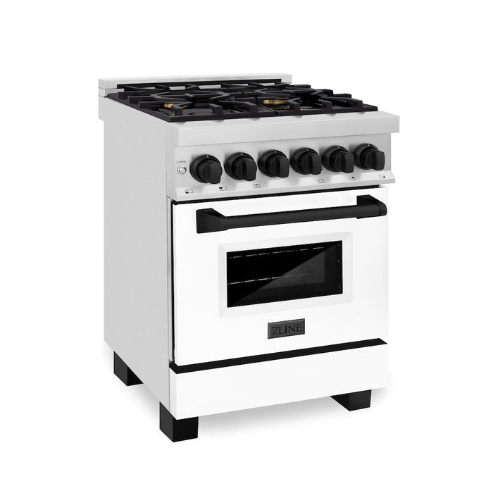 ZLINE Autograph Edition 24 in. 2.8 cu. ft. Dual Fuel Range with Gas Stove and Electric Oven in Stainless Steel with White Matte Door and Matte Black Accents (RAZ-WM-24-MB)