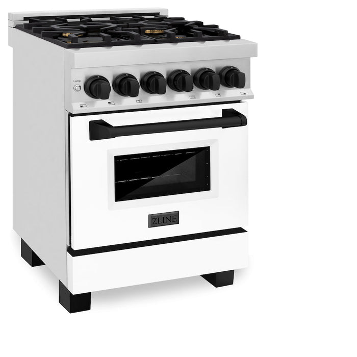 ZLINE Autograph Edition 24 in. 2.8 cu. ft. Dual Fuel Range with Gas Stove and Electric Oven in Stainless Steel with White Matte Door and Matte Black Accents (RAZ-WM-24-MB)