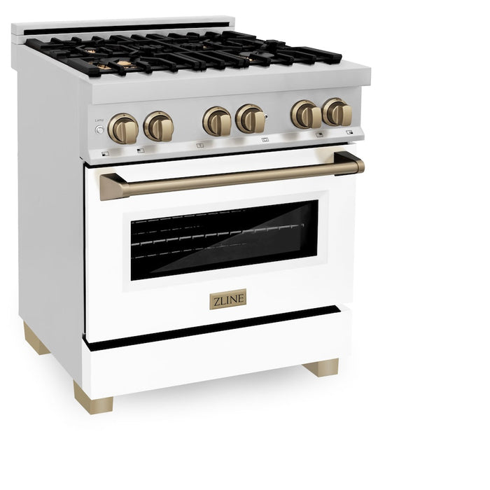 ZLINE Autograph Edition 30 in. Kitchen Package with Stainless Steel Dual Fuel Range with White Matte Door and Range Hood with Champagne Bronze Accents (2AKP-RAWMRH30-CB)