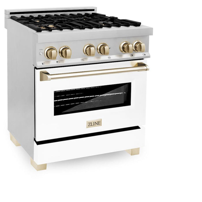 ZLINE Autograph Edition 30 in. 4.0 cu. ft. Dual Fuel Range with Gas Stove and Electric Oven in Stainless Steel with White Matte Door and Polished Gold Accents (RAZ-WM-30-G)