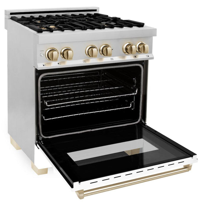 ZLINE Autograph Edition 30 in. 4.0 cu. ft. Dual Fuel Range with Gas Stove and Electric Oven in Stainless Steel with White Matte Door and Polished Gold Accents (RAZ-WM-30-G)