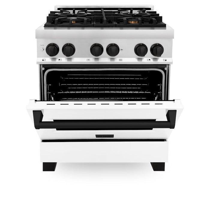 ZLINE Autograph Edition 30 in. 4.0 cu. ft. Dual Fuel Range with Gas Stove and Electric Oven in Stainless Steel with White Matte Door and Matte Black Accents (RAZ-WM-30-MB)