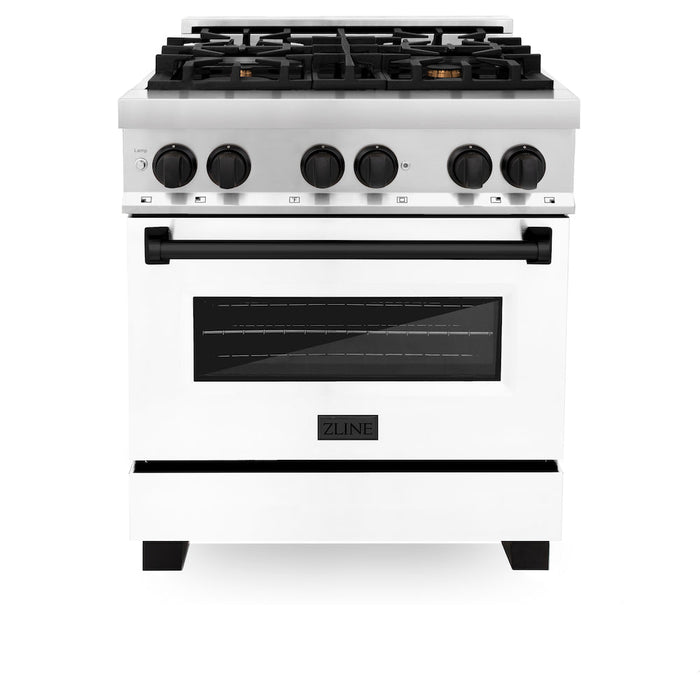 ZLINE Autograph Edition 30 in. 4.0 cu. ft. Dual Fuel Range with Gas Stove and Electric Oven in Stainless Steel with White Matte Door and Matte Black Accents (RAZ-WM-30-MB)