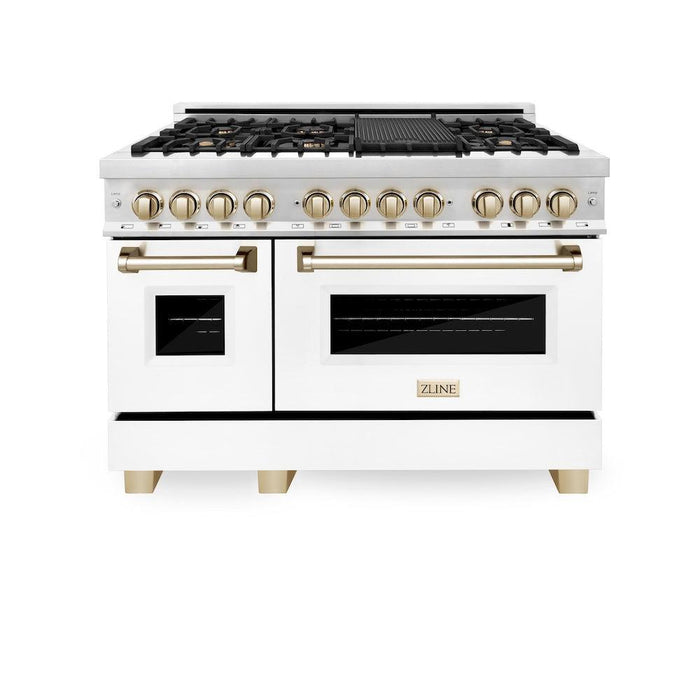 ZLINE Autograph Edition 48 in. 6.0 cu. ft. Dual Fuel Range with Gas Stove and Electric Oven in Stainless Steel with White Matte Doors and Polished Gold Accents (RAZ-WM-48-G)