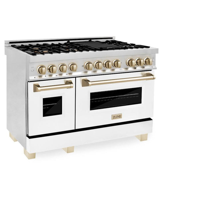 ZLINE Autograph Edition 48 in. 6.0 cu. ft. Dual Fuel Range with Gas Stove and Electric Oven in Stainless Steel with White Matte Doors and Polished Gold Accents (RAZ-WM-48-G)