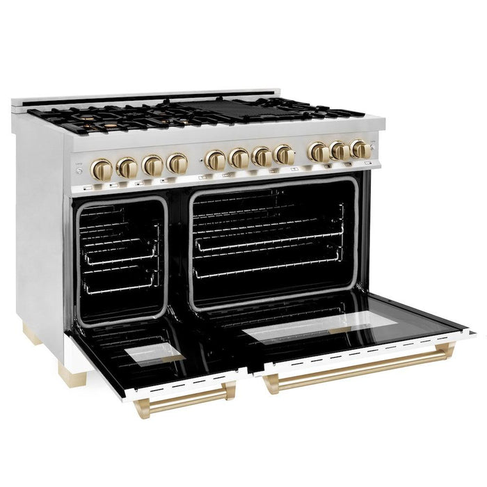 ZLINE Autograph Edition 48 in. 6.0 cu. ft. Dual Fuel Range with Gas Stove and Electric Oven in Stainless Steel with White Matte Doors and Polished Gold Accents (RAZ-WM-48-G)