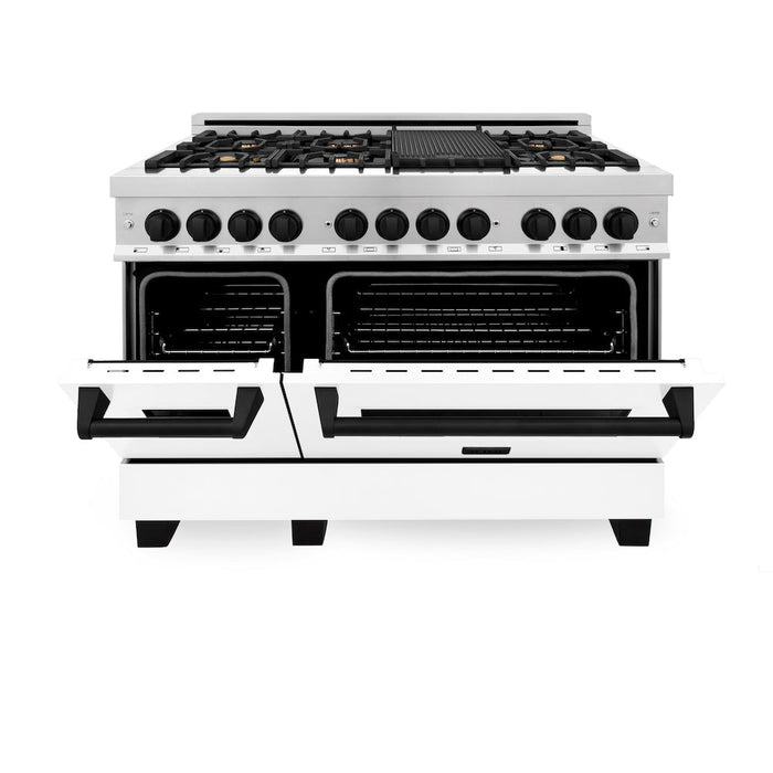 ZLINE Autograph Edition 48 in. 6.0 cu. ft. Dual Fuel Range with Gas Stove and Electric Oven in Stainless Steel with White Matte Doors and Matte Black Accents (RAZ-WM-48-MB)