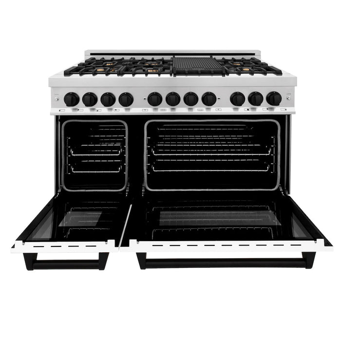 ZLINE Autograph Edition 48 in. 6.0 cu. ft. Dual Fuel Range with Gas Stove and Electric Oven in Stainless Steel with White Matte Doors and Matte Black Accents (RAZ-WM-48-MB)