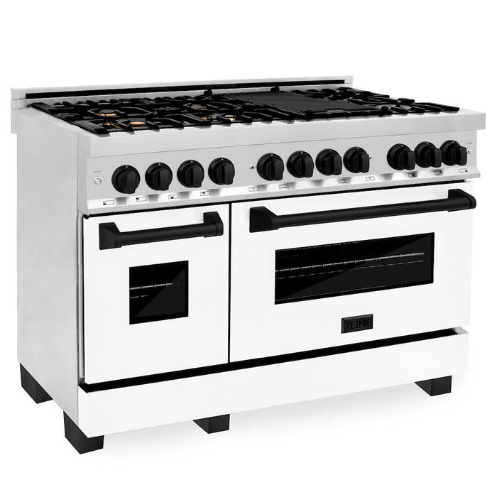 ZLINE Autograph Edition 48 in. 6.0 cu. ft. Dual Fuel Range with Gas Stove and Electric Oven in Stainless Steel with White Matte Doors and Matte Black Accents (RAZ-WM-48-MB)