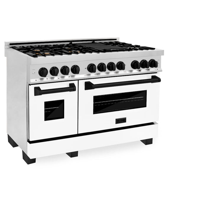 ZLINE Autograph Edition 48 in. 6.0 cu. ft. Dual Fuel Range with Gas Stove and Electric Oven in Stainless Steel with White Matte Doors and Matte Black Accents (RAZ-WM-48-MB)