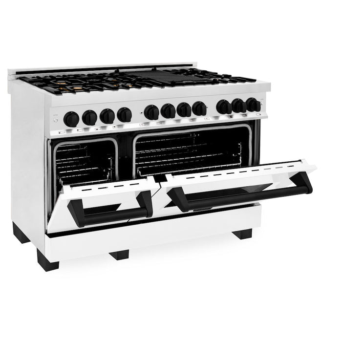 ZLINE Autograph Edition 48 in. 6.0 cu. ft. Dual Fuel Range with Gas Stove and Electric Oven in Stainless Steel with White Matte Doors and Matte Black Accents (RAZ-WM-48-MB)