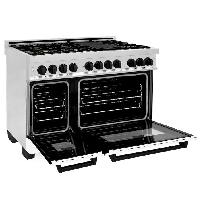 ZLINE Autograph Edition 48 in. 6.0 cu. ft. Dual Fuel Range with Gas Stove and Electric Oven in Stainless Steel with White Matte Doors and Matte Black Accents (RAZ-WM-48-MB)