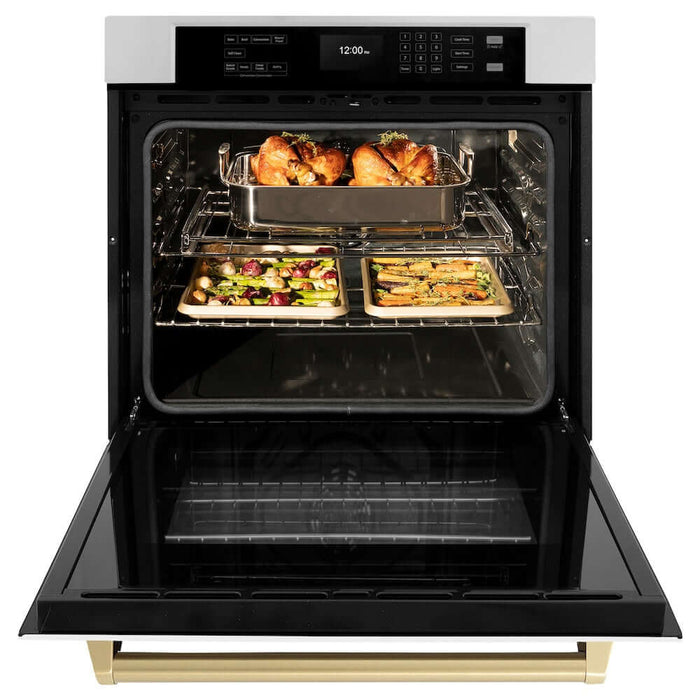 ZLINE Autograph Edition 30 in. Professional True Convection Single Wall Oven with Air Fry and Self Clean in Stainless Steel with White Matte Door and Champagne Bronze Handle (WASZ-WM-30-CB)