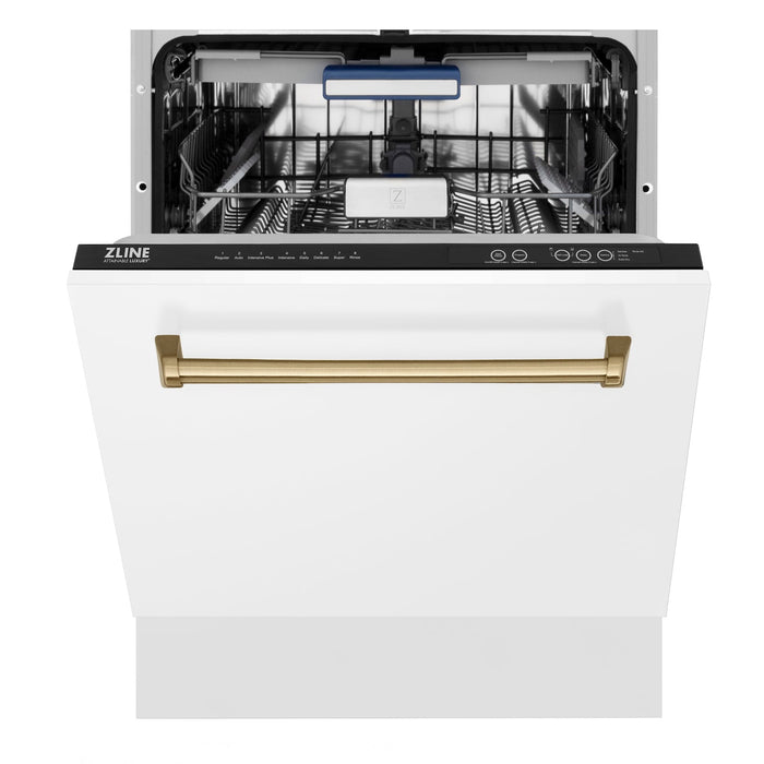 ZLINE Autograph Edition 24 in. Tallac Series 3rd Rack Top Control Built-In Tall Tub Dishwasher in White Matte with Champagne Bronze Handle, 51dBa (DWVZ-WM-24-CB)