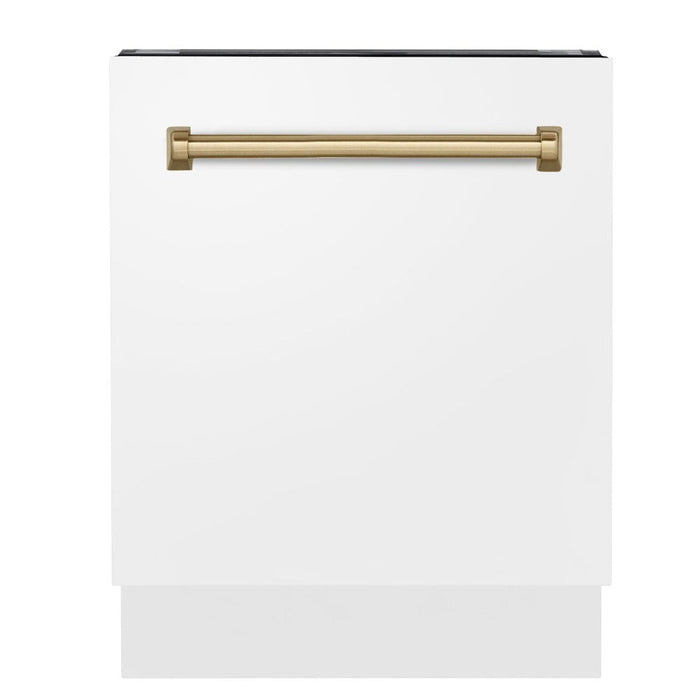 ZLINE Autograph Edition 24 in. Tallac Series 3rd Rack Top Control Built-In Tall Tub Dishwasher in White Matte with Champagne Bronze Handle, 51dBa (DWVZ-WM-24-CB)