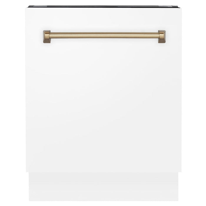 ZLINE Autograph Edition 24 in. Tallac Series 3rd Rack Top Control Built-In Tall Tub Dishwasher in White Matte with Champagne Bronze Handle, 51dBa (DWVZ-WM-24-CB)