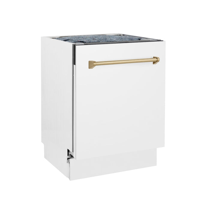 ZLINE Autograph Edition 24 in. Tallac Series 3rd Rack Top Control Built-In Tall Tub Dishwasher in White Matte with Champagne Bronze Handle, 51dBa (DWVZ-WM-24-CB)