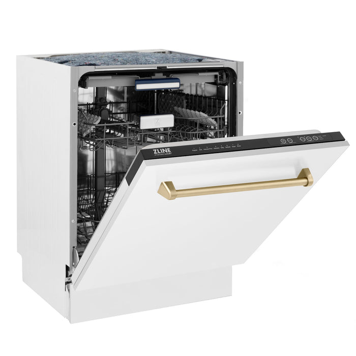 ZLINE Autograph Edition 24 in. Tallac Series 3rd Rack Top Control Built-In Tall Tub Dishwasher in White Matte with Champagne Bronze Handle, 51dBa (DWVZ-WM-24-CB)