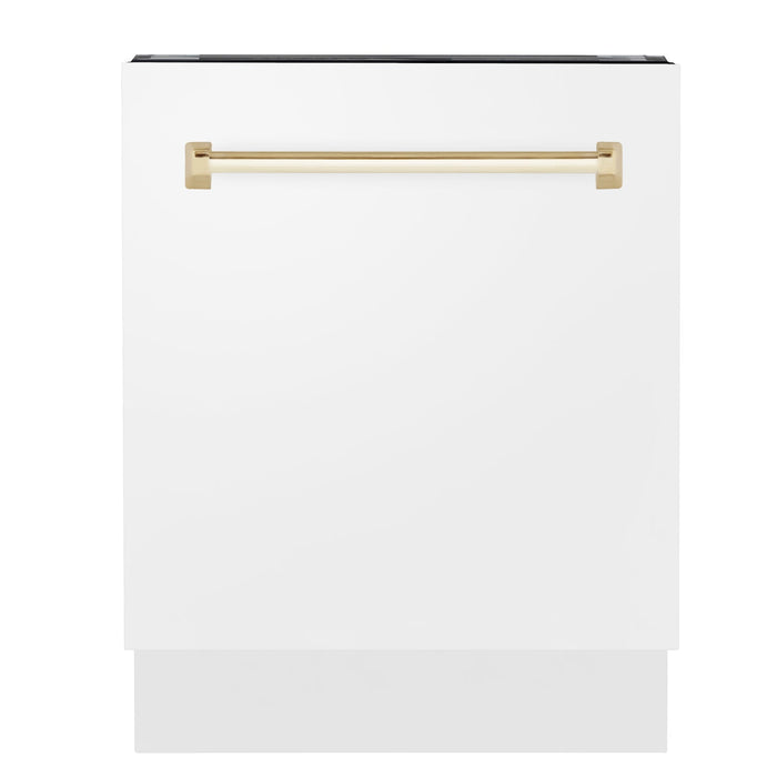 ZLINE Autograph Edition 24 in. Tallac Series 3rd Rack Top Control Built-In Tall Tub Dishwasher in White Matte with Polished Gold Handle, 51dBa (DWVZ-WM-24-G)