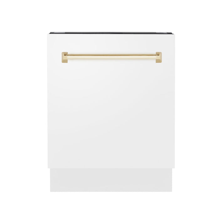 ZLINE Autograph Edition 24 in. Tallac Series 3rd Rack Top Control Built-In Tall Tub Dishwasher in White Matte with Polished Gold Handle, 51dBa (DWVZ-WM-24-G)