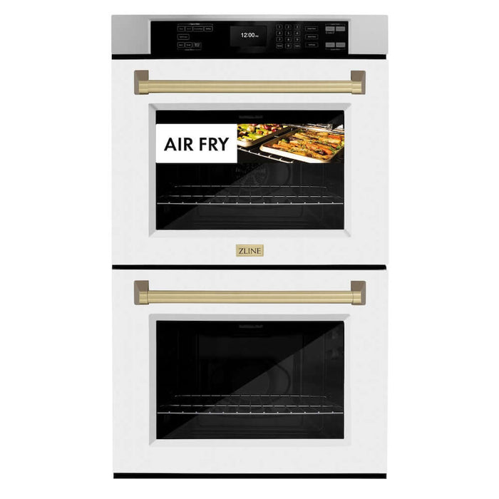 ZLINE Autograph Edition 30 in. Professional True Convection Double Wall Oven with Air Fry and Self Clean in Stainless Steel with White Matte Doors and Champagne Bronze Handles (WADZ-WM-30-CB)