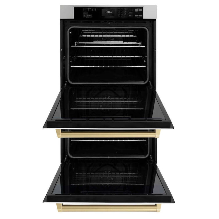 ZLINE Autograph Edition 30 in. Professional True Convection Double Wall Oven with Air Fry and Self Clean in Stainless Steel with White Matte Doors and Champagne Bronze Handles (WADZ-WM-30-CB)