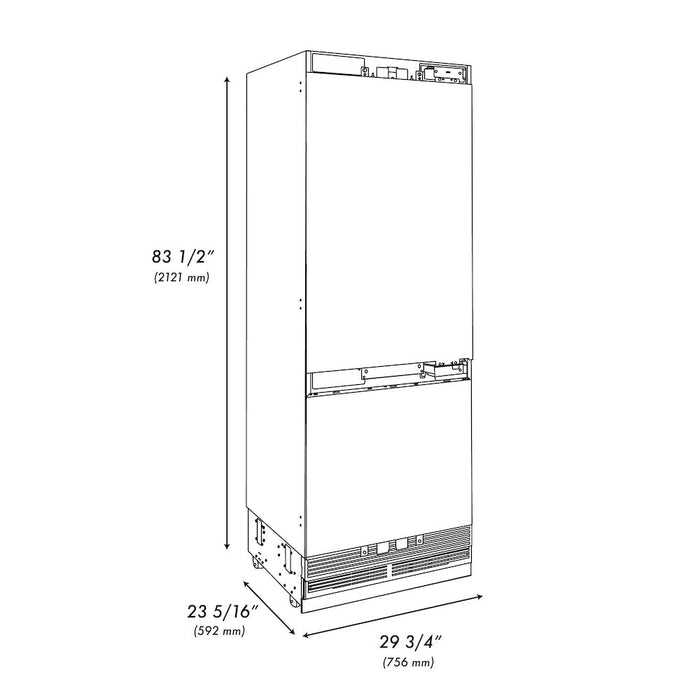 ZLINE 30 in. 16.1 cu. ft. Panel Ready Built-In 2-Door Bottom Freezer Refrigerator with Internal Water and Ice Dispenser (RBIV-30)