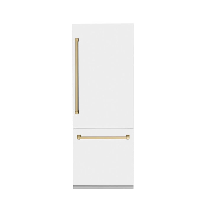 ZLINE 30 in. Autograph Edition 16.1 cu. ft. Built-in 2-Door Bottom Freezer Refrigerator with Internal Water and Ice Dispenser in White Matte with Champagne Bronze Accents (RBIVZ-WM-30-CB)