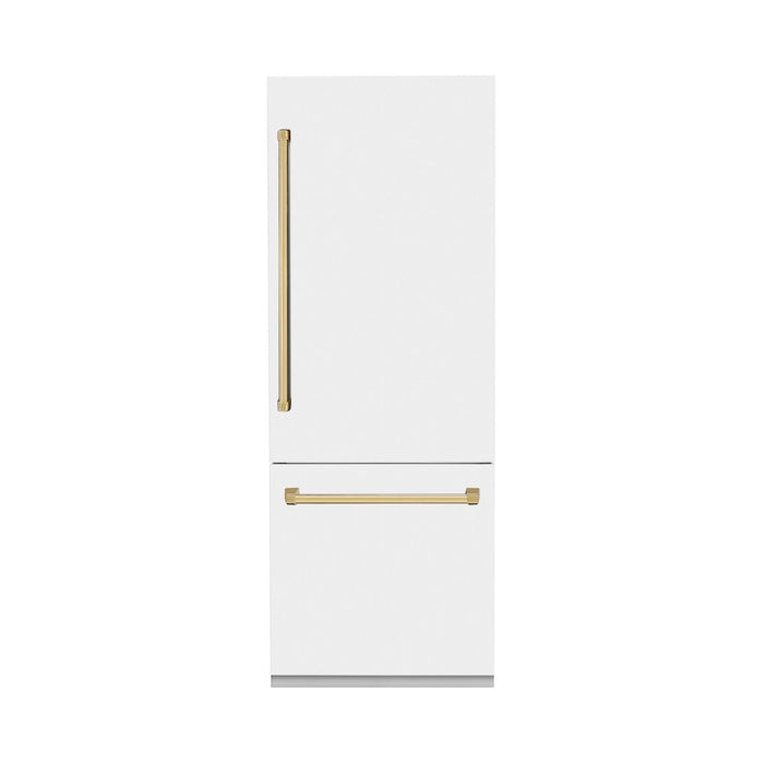 ZLINE 30 in. Autograph Edition 16.1 cu. ft. Built-in 2-Door Bottom Freezer Refrigerator with Internal Water and Ice Dispenser in White Matte with Polished Gold Accents (RBIVZ-WM-30-G)