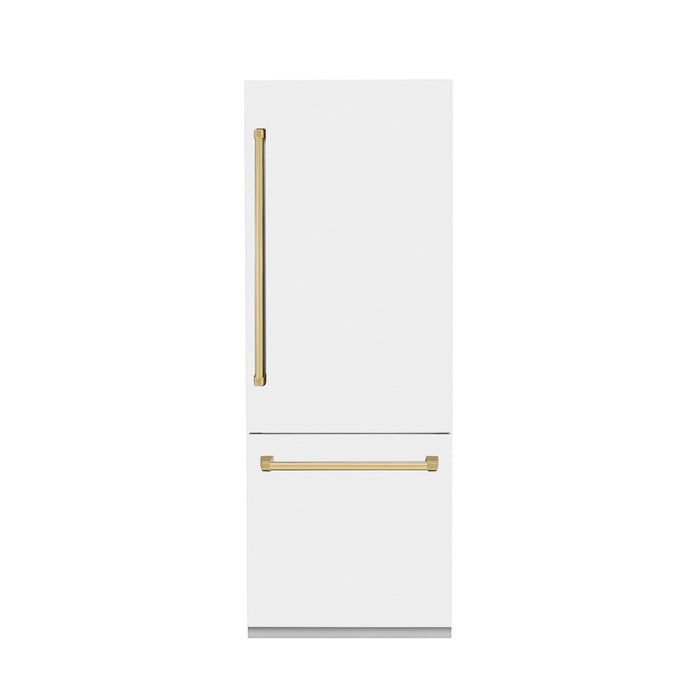 ZLINE 30 in. Autograph Edition 16.1 cu. ft. Built-in 2-Door Bottom Freezer Refrigerator with Internal Water and Ice Dispenser in White Matte with Polished Gold Accents (RBIVZ-WM-30-G)