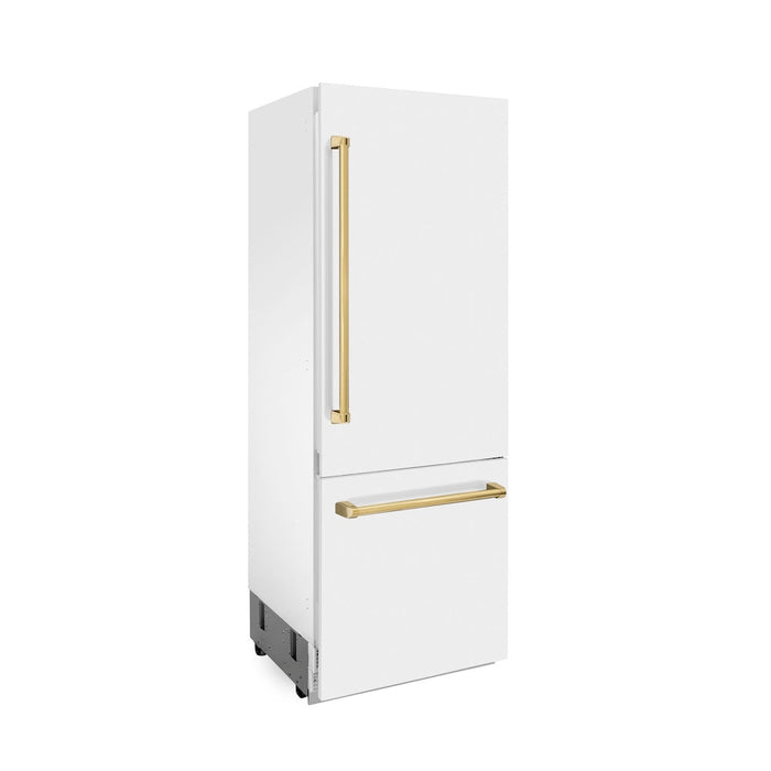 ZLINE 30 in. Autograph Edition 16.1 cu. ft. Built-in 2-Door Bottom Freezer Refrigerator with Internal Water and Ice Dispenser in White Matte with Polished Gold Accents (RBIVZ-WM-30-G)