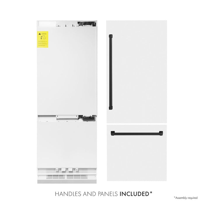 ZLINE 30 in. Autograph Edition 16.1 cu. ft. Built-in 2-Door Bottom Freezer Refrigerator with Internal Water and Ice Dispenser in White Matte with Matte Black Accents (RBIVZ-WM-30-MB)