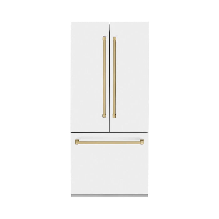 ZLINE 36 in. Autograph Edition 19.6 cu. ft. Built-in 3-Door French Door Refrigerator with Internal Water and Ice Dispenser in White Matte with Champagne Bronze Accents (RBIVZ-WM-36-CB)