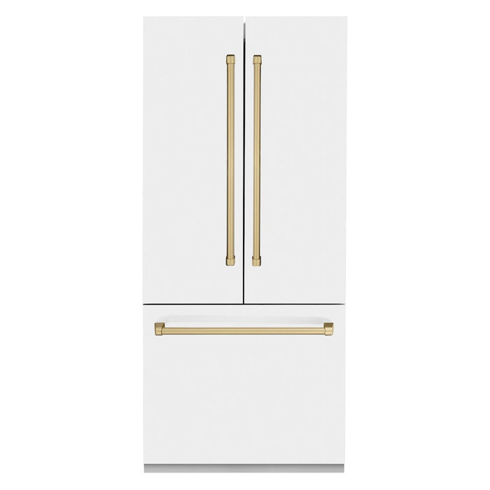 ZLINE 36 in. Autograph Edition 19.6 cu. ft. Built-in 3-Door French Door Refrigerator with Internal Water and Ice Dispenser in White Matte with Champagne Bronze Accents (RBIVZ-WM-36-CB)