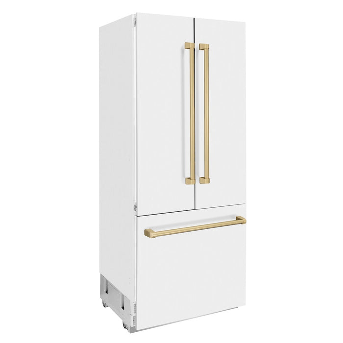 ZLINE 36 in. Autograph Edition 19.6 cu. ft. Built-in 3-Door French Door Refrigerator with Internal Water and Ice Dispenser in White Matte with Champagne Bronze Accents (RBIVZ-WM-36-CB)