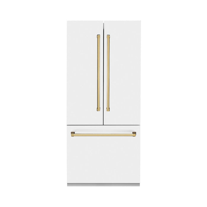 ZLINE 36 in. Autograph Edition 19.6 cu. ft. Built-in 3-Door French Door Refrigerator with Internal Water and Ice Dispenser in White Matte with Polished Gold Accents (RBIVZ-WM-36-G)