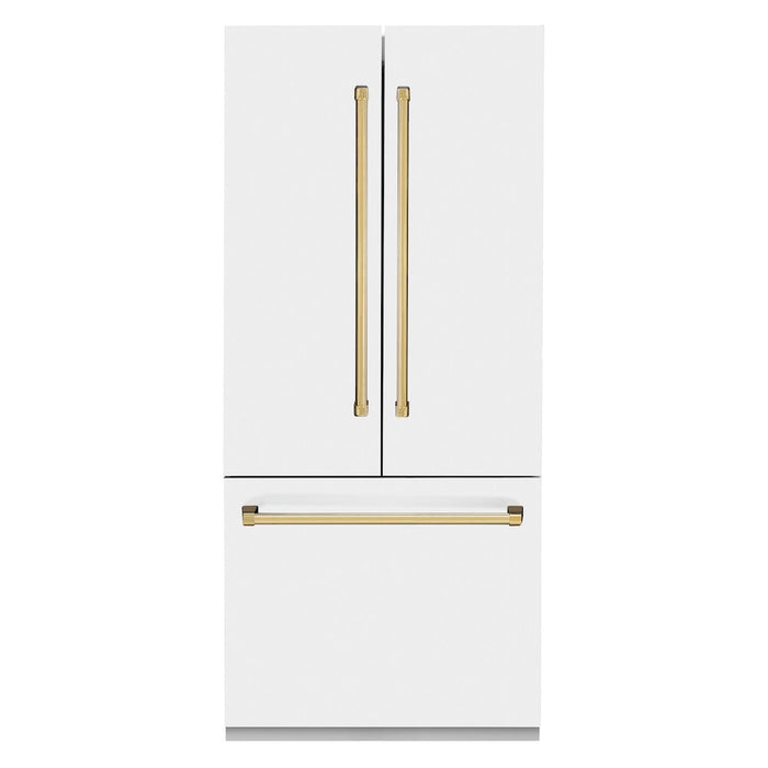 ZLINE 36 in. Autograph Edition 19.6 cu. ft. Built-in 3-Door French Door Refrigerator with Internal Water and Ice Dispenser in White Matte with Polished Gold Accents (RBIVZ-WM-36-G)